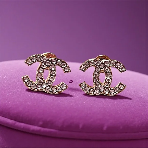 💎2/$30💎 Dainty Fashion Gold Cubic Zirconia CC Logo Stud Earrings - Picture 2 of 2